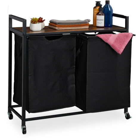 Relaxdays Laundry Basket Rack, 2 Pull-out Compartments, Rollable Storage Rack, Linen Bin, Industrial Design, Black/Brown