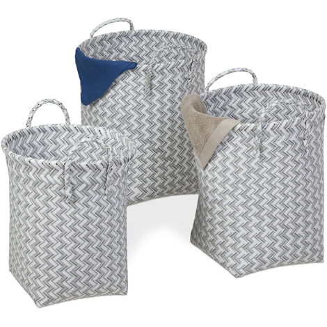 Relaxdays Laundry Basket, Set of 3, Storage Baskets, 3 Sizes, Woven Storage Basket, Handles, Toy Basket, Plastic, Grey