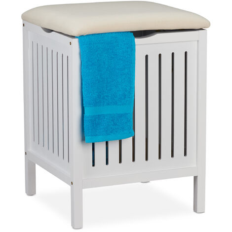 Relaxdays Laundry Basket with Seat, Country Style, Laundry Bin, Wood & Fabric, Bathroom Stool HxWxD: 55x41x41 cm, White