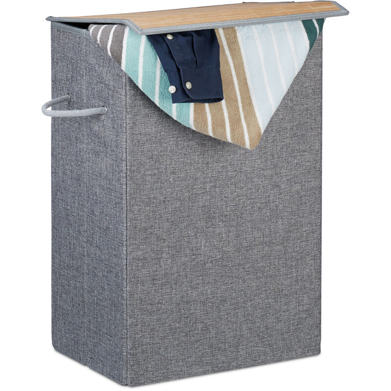 Laundry Hamper with Hook and Loop Lid, Fabric, 2 Handles, Portable, 60 l Capacity, hwd 60x40x30 cm, Grey - Relaxdays