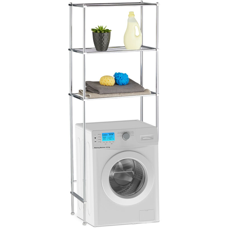 Laundry Storage Shelf, Bathroom Rack with 3 Shelves, Chrome, hwd: 162 x 63 x 30 cm, Silver - Relaxdays