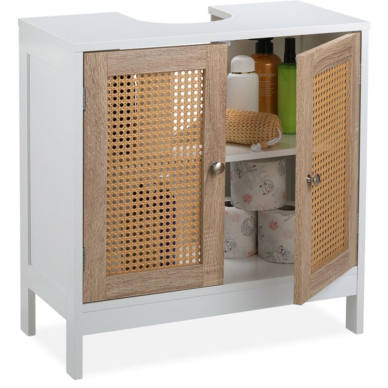 Meuble sous lavabo, 60 cm de large, 2 compartiments, espace tuyauterie, portes effet rotin, blanc/naturel - Relaxdays