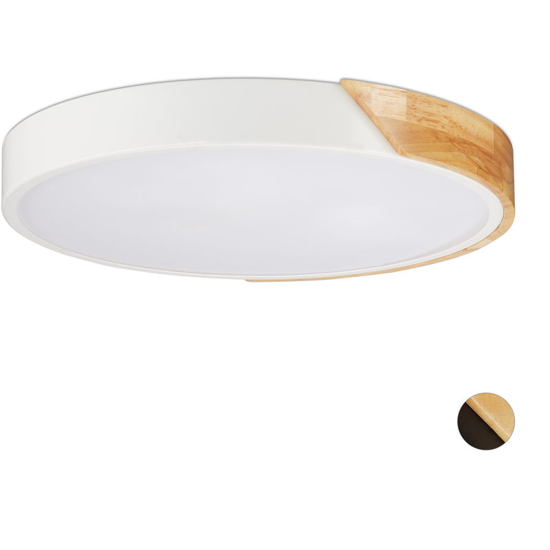 Relaxdays - LED Ceiling Lamp, 24 W LED Hallway Light, Round Wood & Metal Lighting Fixture, H x D: 5 x 40 cm, White