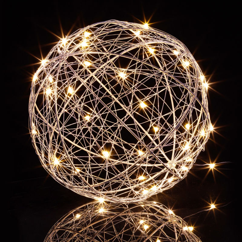 Relaxdays LED Decoration Light Ball, Battery-Powered, Free-Standing & Hanging, Extra Long Cable, Ø 20 cm, Silver