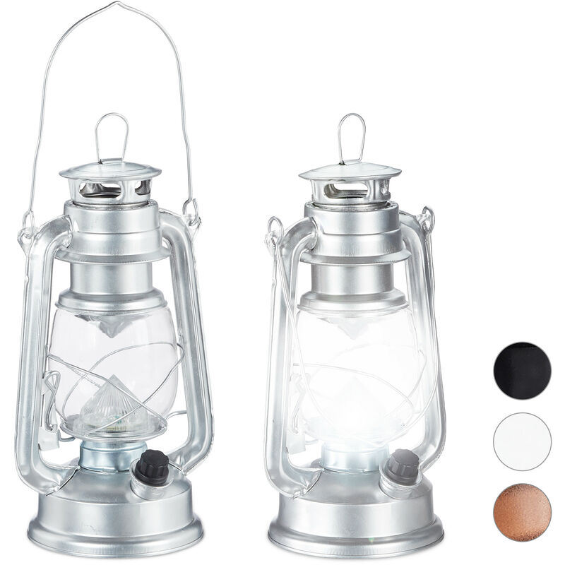 Set Of 2 Relaxdays Led Storm Lamps, Retro Lantern As Window Decoration Or For The Garden, Battery Powered, Silver