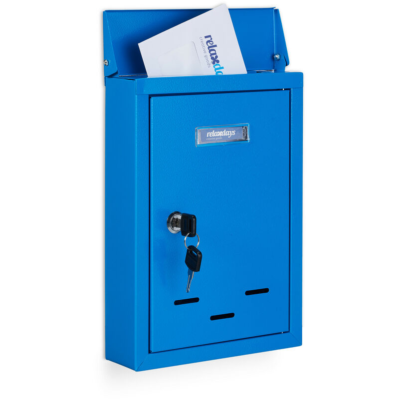 Letter Box with Name Plate, Metal, Lockable, with 2 Keys, Post Box, hwd: 30.5 x 21 x 7 cm, Wall-Mounted, Blue - Relaxdays