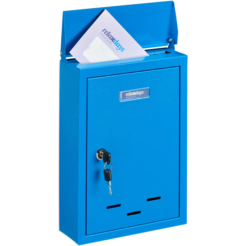 Letter Box with Name Plate, Metal, Lockable, with 2 Keys, Post Box, hwd: 35.5 x 24 x 9 cm, Wall-Mounted, Blue - Relaxdays