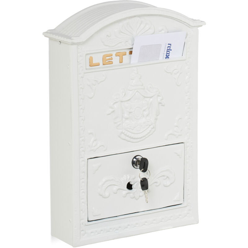 Relaxdays - Letterbox in Vintage Design, Ornate Postbox, 42 x 28 x 10 cm, Mailbox with A4 Letter Slot, 2 Keys, White/Gold