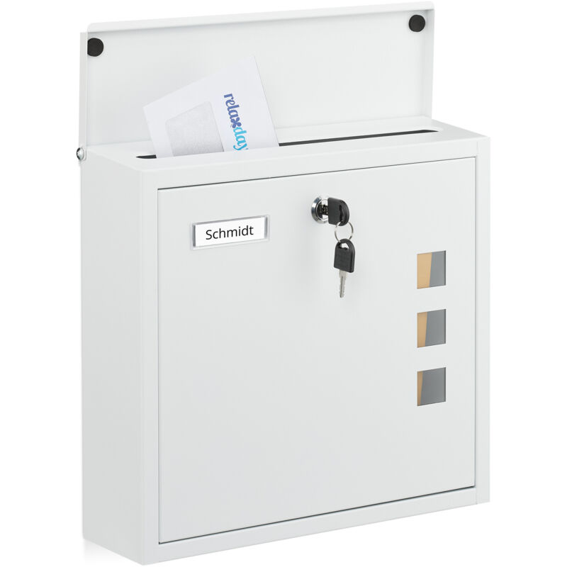 Relaxdays Letterbox With Viewing Windows, Hxwxd, 33 X 35 X 12 Cm, Metal, 4 Keys, Wall-mounted Letterbox, White