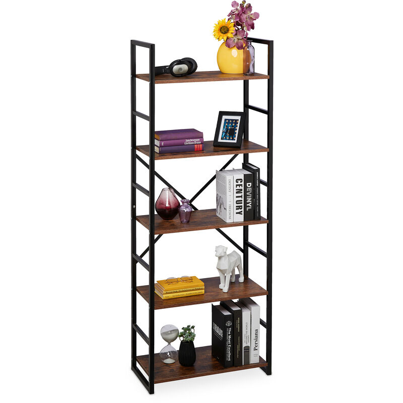 Relaxdays - Bookcase With 5 Levels, Industrial Look, Hxwxd, 158.5 X 60 X 30 Cm, Mdf & Metal, Office File Rack, Brown/black