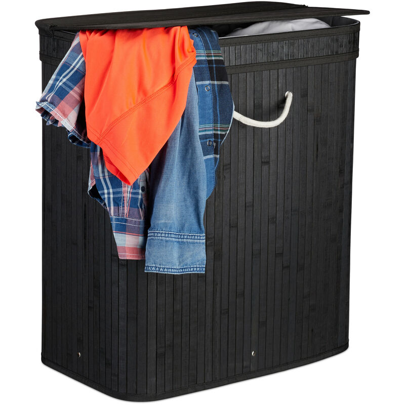 Relaxdays Lidded Laundry Hamper, 2 Compartments, Partitioned Bag, Ventilated, 72 Litres, Bamboo Basket, Black