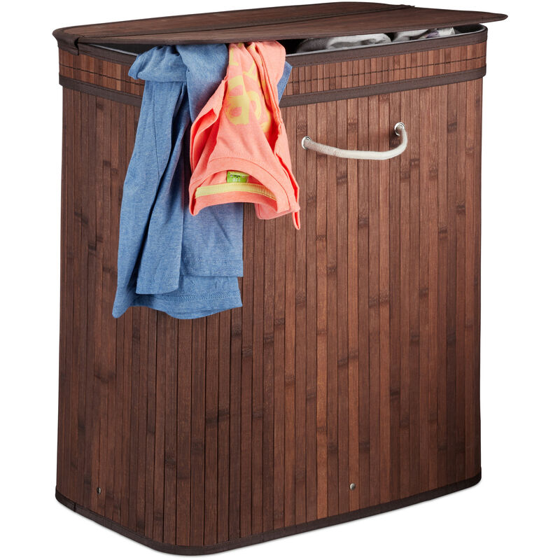 Lidded Laundry Hamper, 2 Compartments, Partitioned Bag, Ventilated, 72 Litres, Bamboo Basket, Brown - Relaxdays