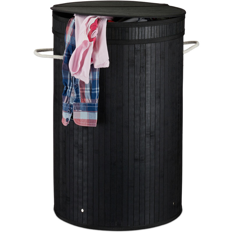 Lidded Laundry Hamper, Round Clothes Sorter, 65 Litres, xxl Stand, Black - Relaxdays