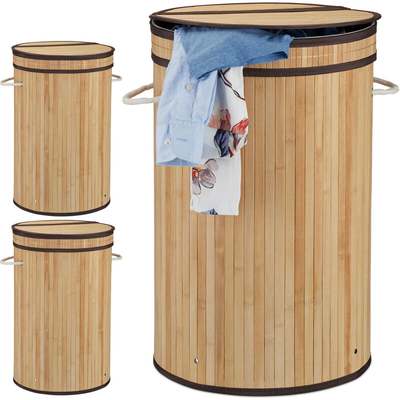Relaxdays 3x Bamboo Laundry Baskets, Round Hamper With Folding Lid, 65 L, Foldable Bin With Ventilation, Ø 40cm, Natural