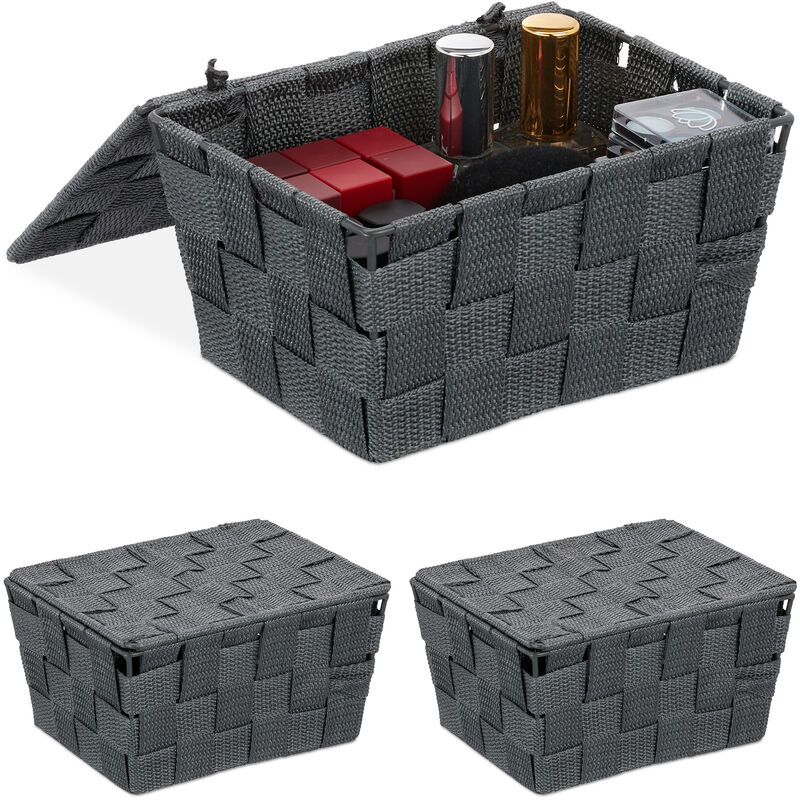 Set Of 3 Relaxdays Lidded Storage Baskets With Lid, Bathroom Storage, Pp, Hxwxd, 10.5 X 19.5 X 14.5 Cm, Grey