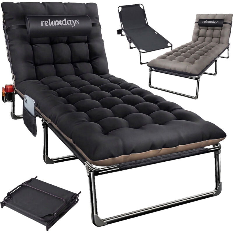 Relaxdays lit de camping pliable, matelas, coussin cervical, support téléphone, jusqu'à 250 kg, 26×190×72 cm, noir