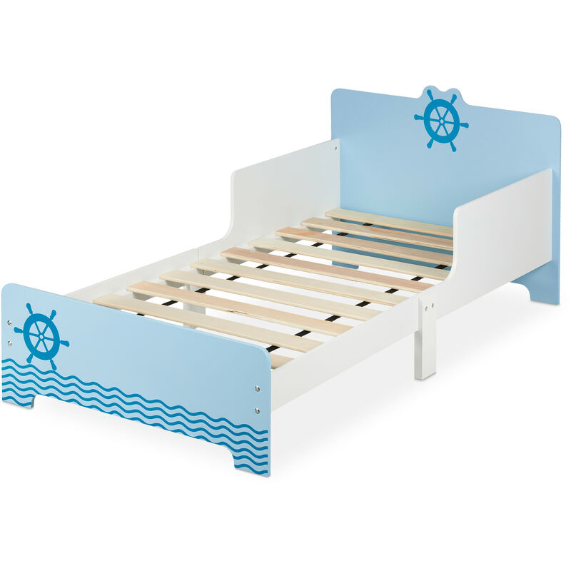 Lit enfant avec protection, HxLxP: 60x77x143 cm, sommier à lattes enfant avec motif cygne, mdf, blanc - bleu - Relaxdays