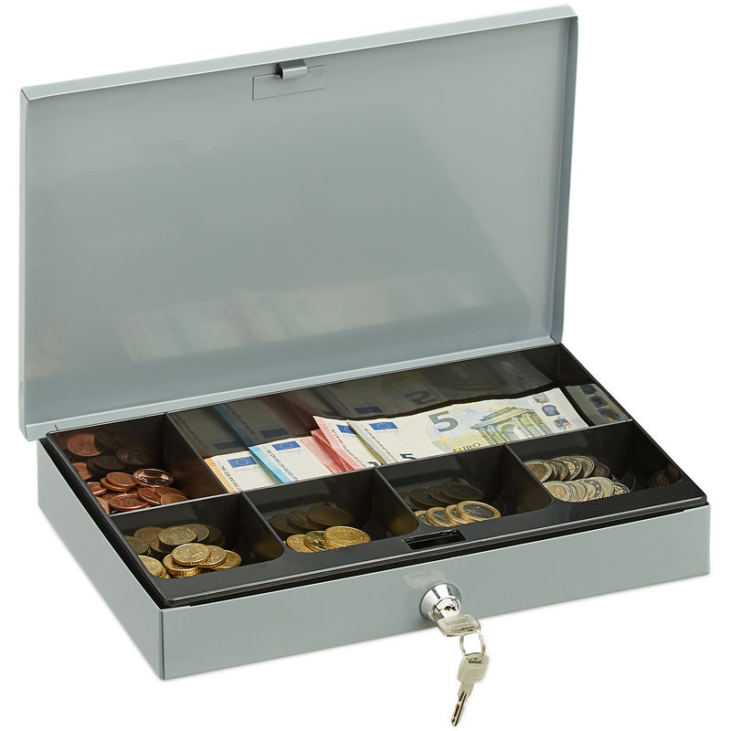 Locking Cash Box, Flat Metal Case with Coin Tray, 2 Keys, Money Safe HxWxD: 5x30x20 cm, Grey - Relaxdays