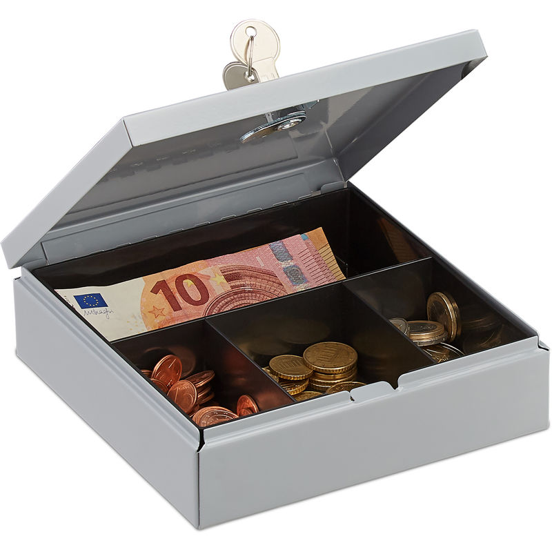 Locking Cash Box with Coin Tray, Money Box with 2 Keys, Metal Case, WxD: 17 x 17 cm, Grey - Relaxdays
