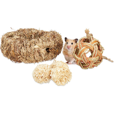   lot d'accessoires pour hamster, 5 pièces, tube herbe&4 balles, objet de cage, rongeur, souris, paille, nature