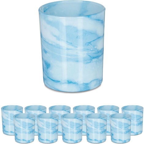 Relaxdays Lot de 12 photophores en verre pour bougies chauffe-plat, design simple, H x D : 8,5 x 7 cm, bleu/crème