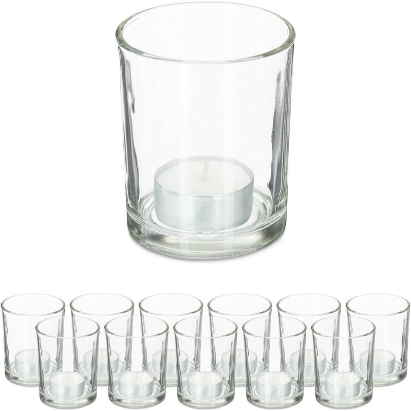 Relaxdays - Lot de 12 photophores en verre pour bougies chauffe-plat, design simple, h x d : 8,5 x 7 cm, transparent
