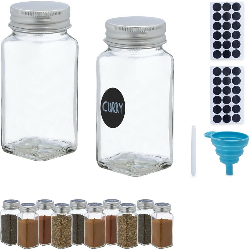 Lot de 12 pots à épices, avec entonnoir, verres à condiments, avec étiquettes, 120 ml, verre, transparent - Relaxdays