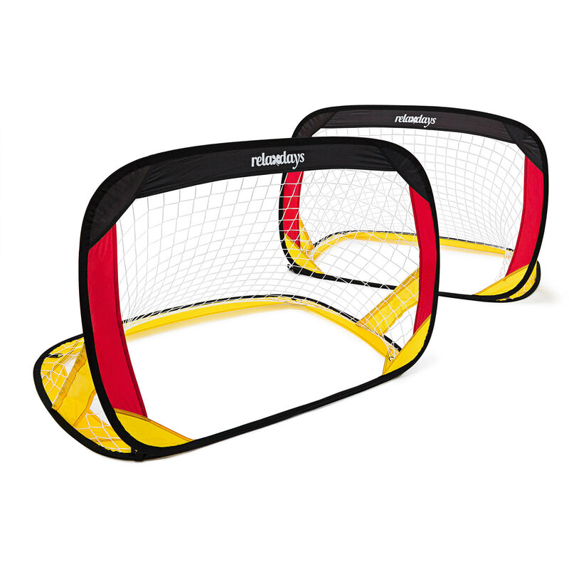Lot de 2 buts de foot, système « pop up », se déplient tout seuls, hlp : 80 x 119 x 83 cm, noir/rouge/jaune - Relaxdays