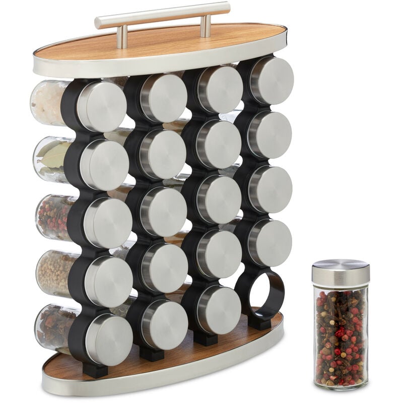 Lot de 20 pots à épices avec support, embouts tamiseur, transportable, remplir, argenté et transparent - Relaxdays
