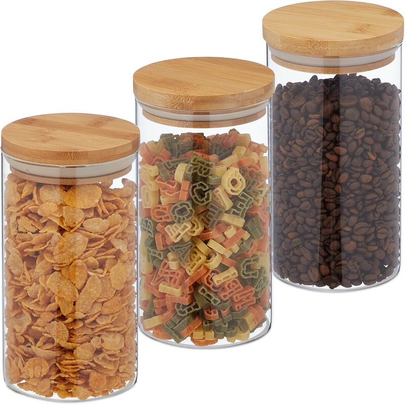 Lot de 3 bocaux, verre, couvercle en bambou, bocal conservation rond, 1000 ml, hermétique, transparent/nature - Relaxdays