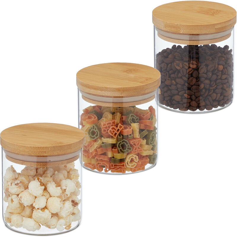 Lot de 3 bocaux, verre, petits pots avec couvercle en bambou, 500 ml, hermétique, transparent/nature - Relaxdays