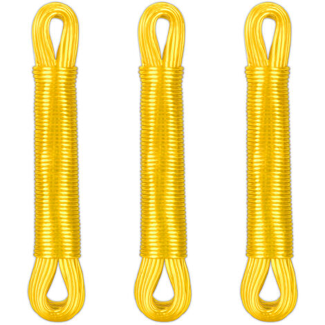 Relaxdays Lot de 3 cordes à linge, 20 m, noyau en polyester, PVC, extra solide, à tendre, jaune