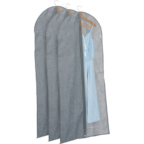 Relaxdays Lot de 3 housses à vêtements, avec fermeture éclair, 135 x 58 cm, protège-costumes, robes, gris - transparent