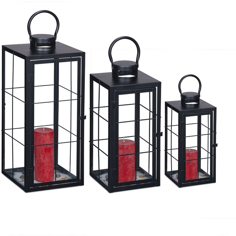 Relaxdays - Lot de 3 lanternes, décoration intérieur et extérieur, 3 tailles, métal, verre, lampion pour bougies, noir