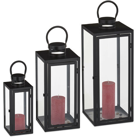 Relaxdays – Lot de 3 lanternes décoratives en métal noir – 3 tailles pour bougies – Intérieur et extérieur – Dimensions 37,5/49,5/63 cm