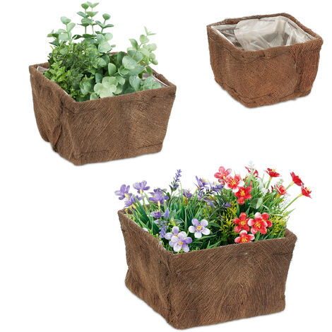 Relaxdays Lot de 3 pots de fleurs, carré, 3 tailles, jardin, balcon & rebord de fenêtre, cache-pots avec film, nature