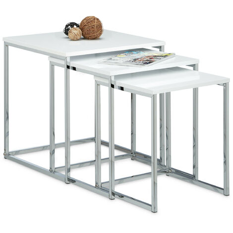   Lot de 3 tables gigognes, design moderne, en MDF et métal (acier), H x L x P : env. 42 x 40 x 40 cm, blanc