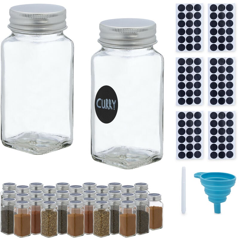 Lot de 36 pots à épices, avec entonnoir, verres à condiments, avec étiquettes, 120 ml, verre, transparent - Relaxdays