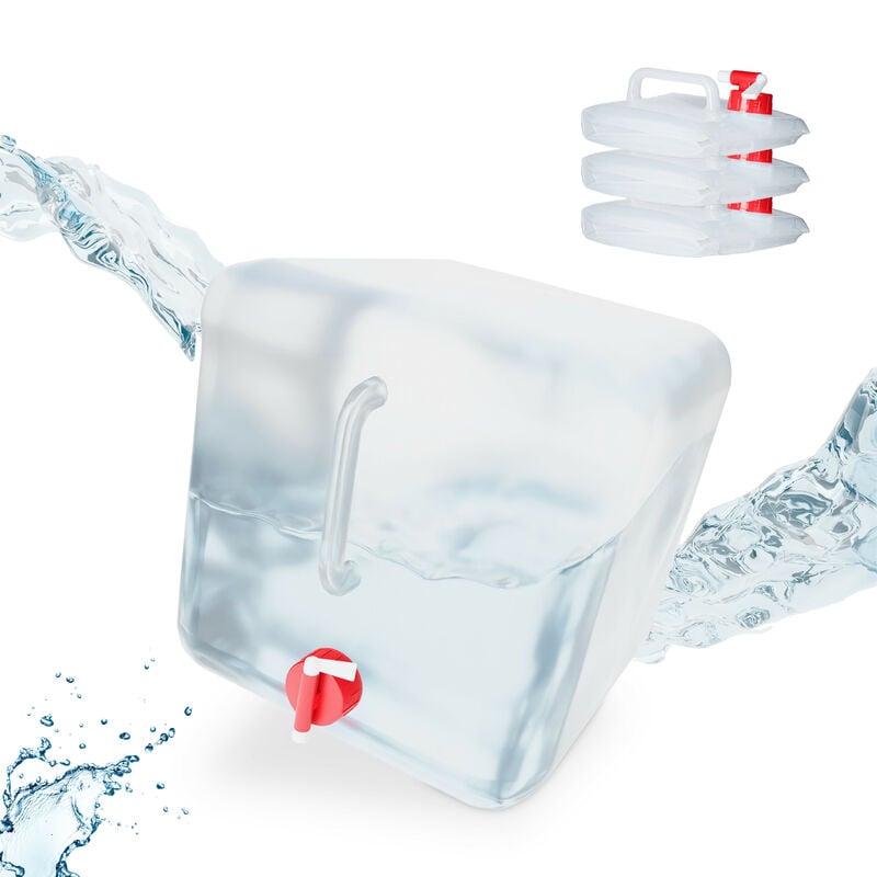 Lot de 4 bidons pliants, robinet, bouchon à vis, poignée, eau, camping, 20 litres, transparent/rouge - Relaxdays