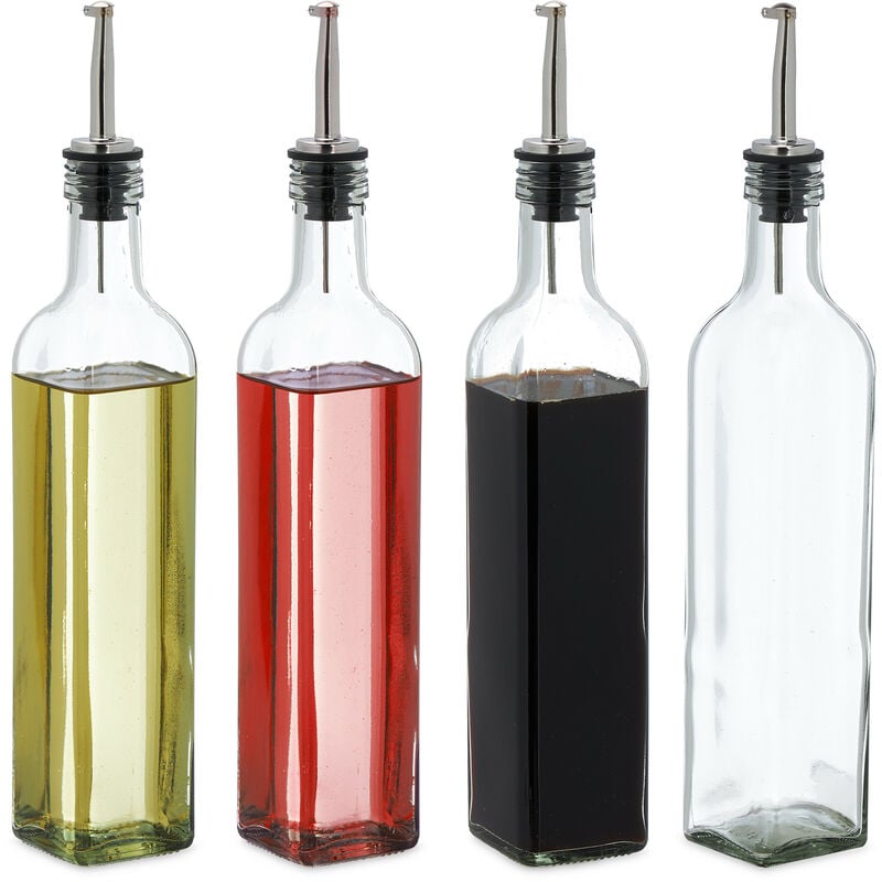 Lot de 4 bouteilles avec bec doseur, pour huile et vinaigre, pour la cuisine, 500 ml, en verre, transparent - Relaxdays