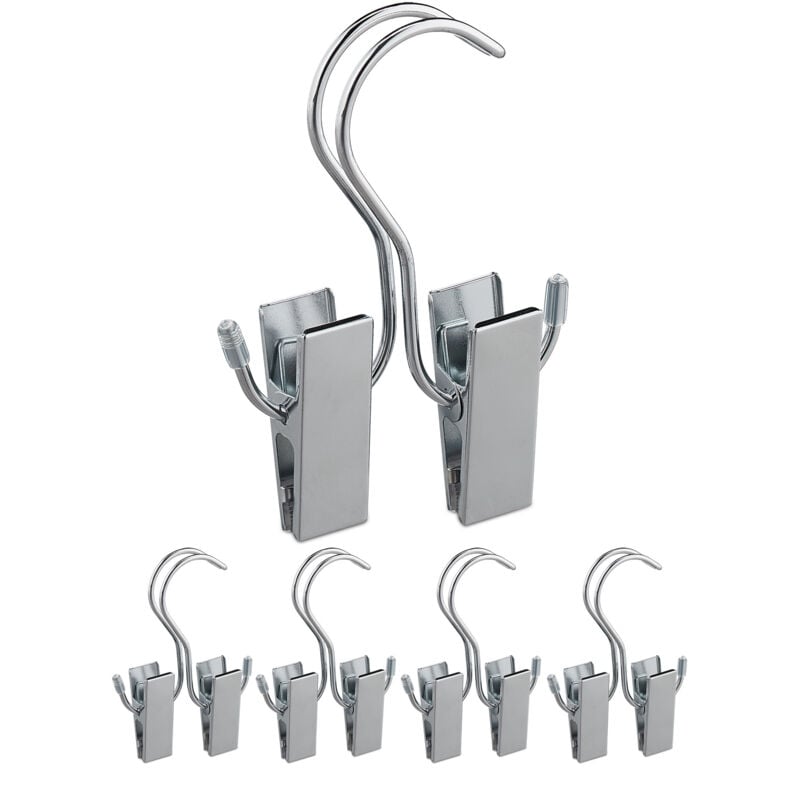 Pinces à bottes, lot de 10, doubles cintre, caoutchouté, rangement chaussures & casquettes, fer, argenté