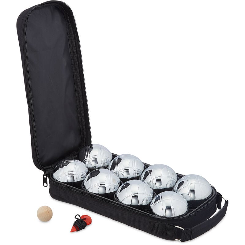 Lot de 8 boules de pétanque métalliques, avec cochonnet et mètre, sacoche, jeu en extérieur, argenté et noir - Relaxdays