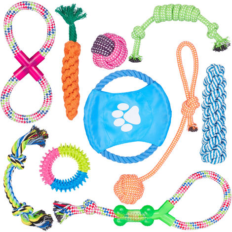 Relaxdays Lot de jouet pour chiens avec 10 pièces, Corde, objet à secouer, frisbee pour canin, petits et moyens, colorés