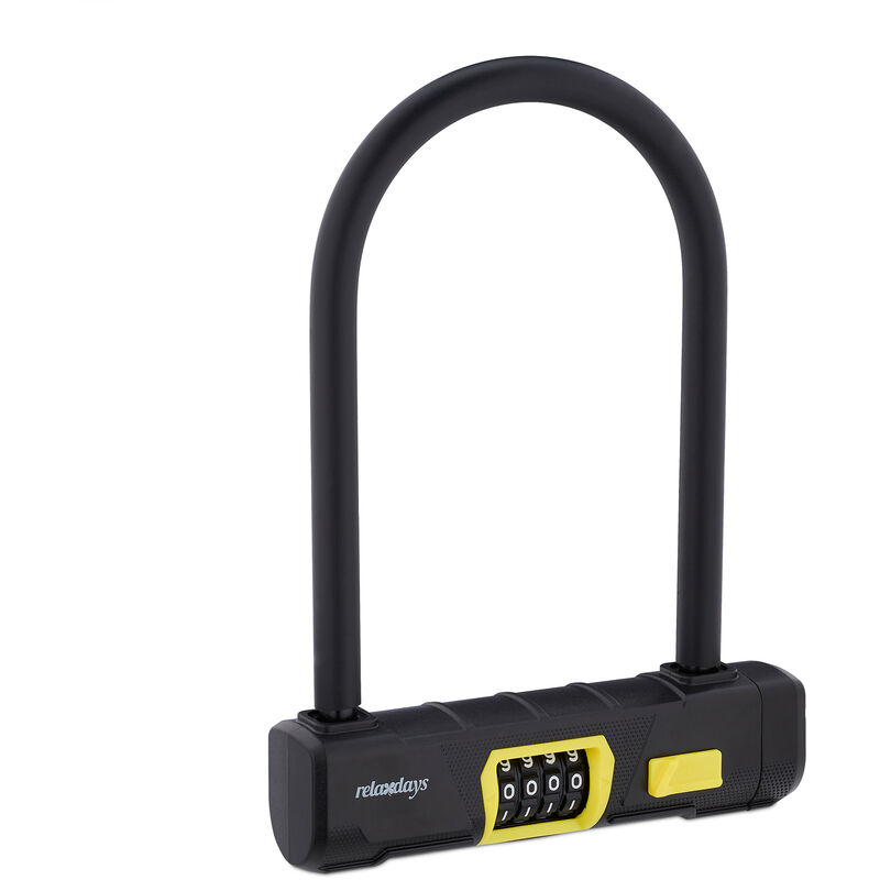 Relaxdays - U-Lock with Combination Code, U-Lock for Bike & E-Bike, Combination Lock, Steel, Plastic, Black/Yellow