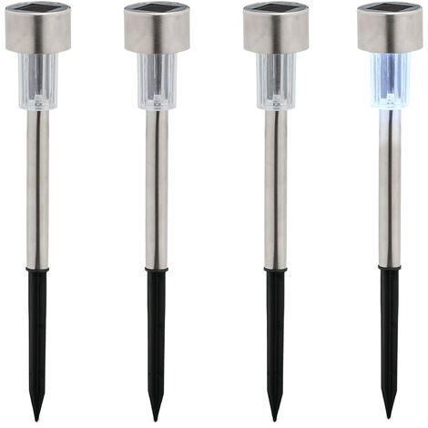 Relaxdays Luces Solares Set 4 Acero Inox., Luz Blanca Fría, Sensor Crepuscular, Faroles LED, 31x4,5cm, Plateado y Negro