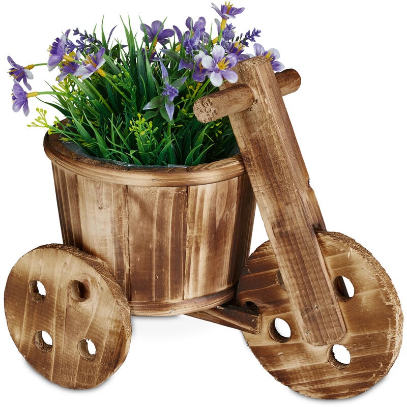 Pot de fleurs vélo, décoration jardin, extérieur, pour plantes, HxLxP : env. 25 x 30 x 16,5 cm, bois, nature - Relaxdays