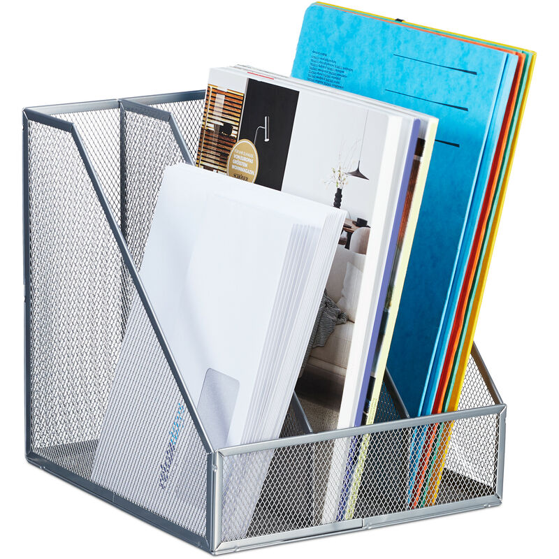 Relaxdays Magazine File, A4, 3 Compartments, Mesh Design, 26 X 24 X 26 Cm, Office Storage, Metal Document Holder, Silver