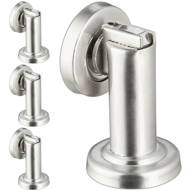 Relaxdays 4x Magnetic Door Stop, Blocker, Floor / Wall Mounted Stopper, Stainless Steel, HWD: 9.5 x 5 x 5.5 cm, Silver