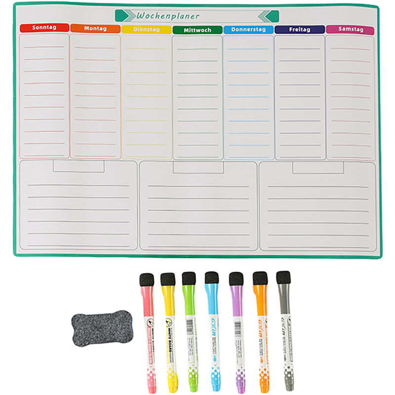 Relaxdays Magnetic Weekly Planner For Refrigerator, Wipeable, A3, Whiteboard Markers & Sponge, Colourful, White