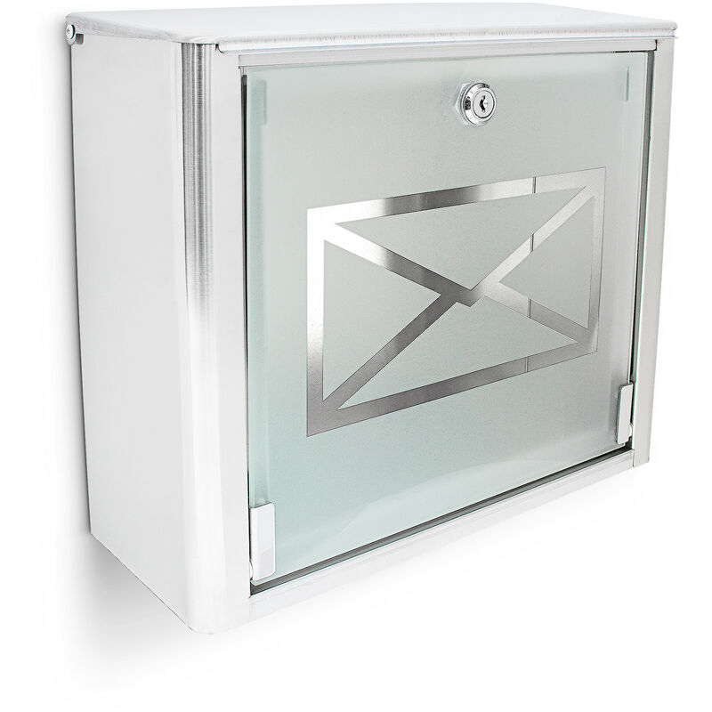 Relaxdays - Mailbox with Frosted Glass Door, Stainless Steel Letterbox, Locking, HxWxD: 30.5 x 35.5 x 14 cm, Silver / Grey